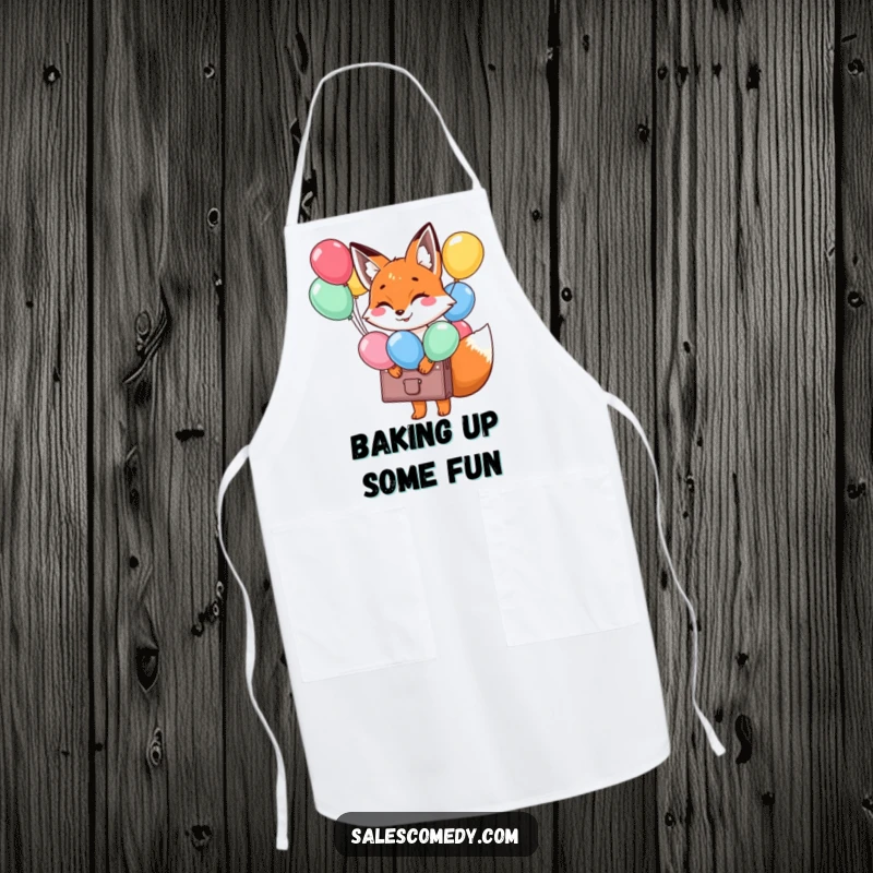 Funny Fox Balloon Briefcase Apron: A smiling fox with a briefcase of balloons, ready for festive cooking, a funny gift.