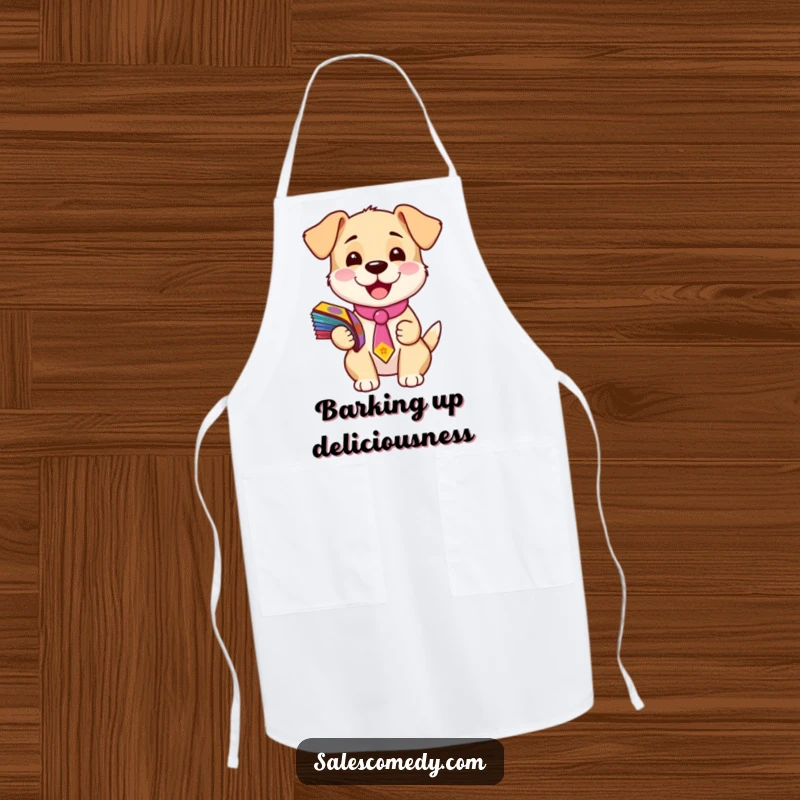 Funny apron showing a happy puppy wearing a tie and holding a stack of flyers, perfect for adding humor to cooking tasks.