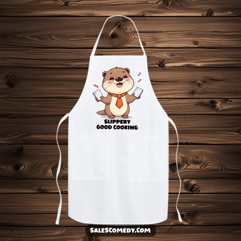 Funny apron depicting a smiling otter in a necktie juggling sales charts, ideal for adding amusement to cooking and baking.