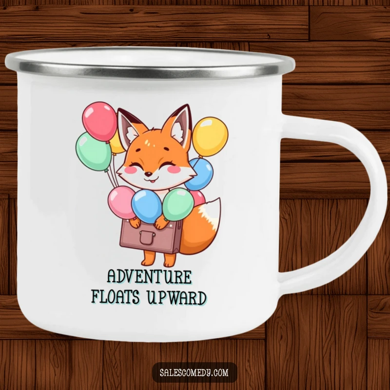Funny Fox Balloon Briefcase Camping Mug: A smiling fox with a briefcase of balloons, ready for joyful adventures, a funny gift.