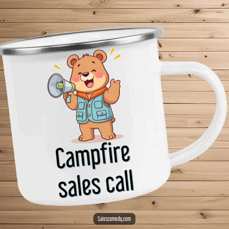 A funny, jolly bear in a sales vest holds a large megaphone and cheers by a campfire.