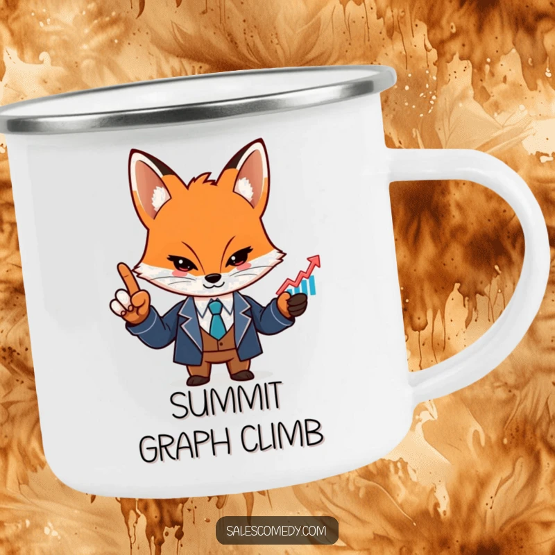 A funny, determined fox in a sharp suit points at a rising graph icon by a campfire.