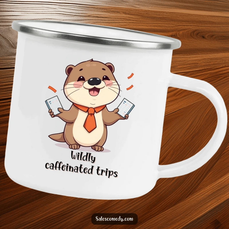 Funny camping mug showing a smiling otter in a necktie juggling sales charts, perfect for outdoor meetings and morning brews.