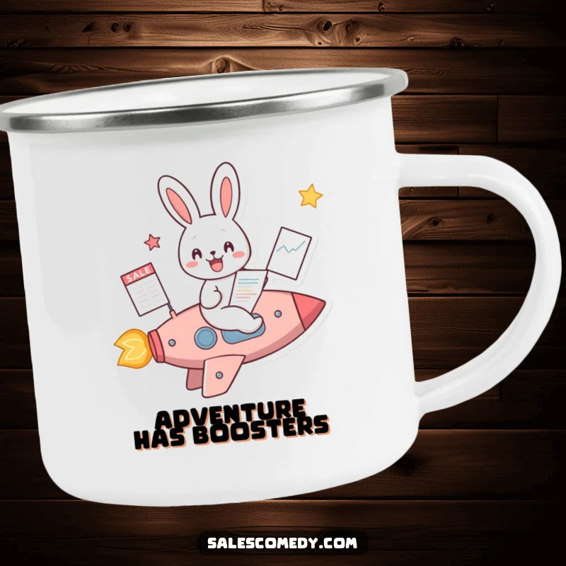 Funny Rabbit Rocket Sales Camping Mug: A rabbit in a rocket with a sales chart, ready for ambitious adventures, a funny gift.