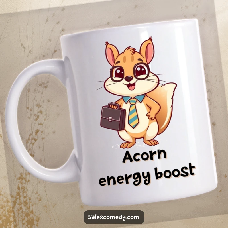 A busy, funny squirrel in a tie holds a briefcase and energetically makes a sales pitch, looking determined.