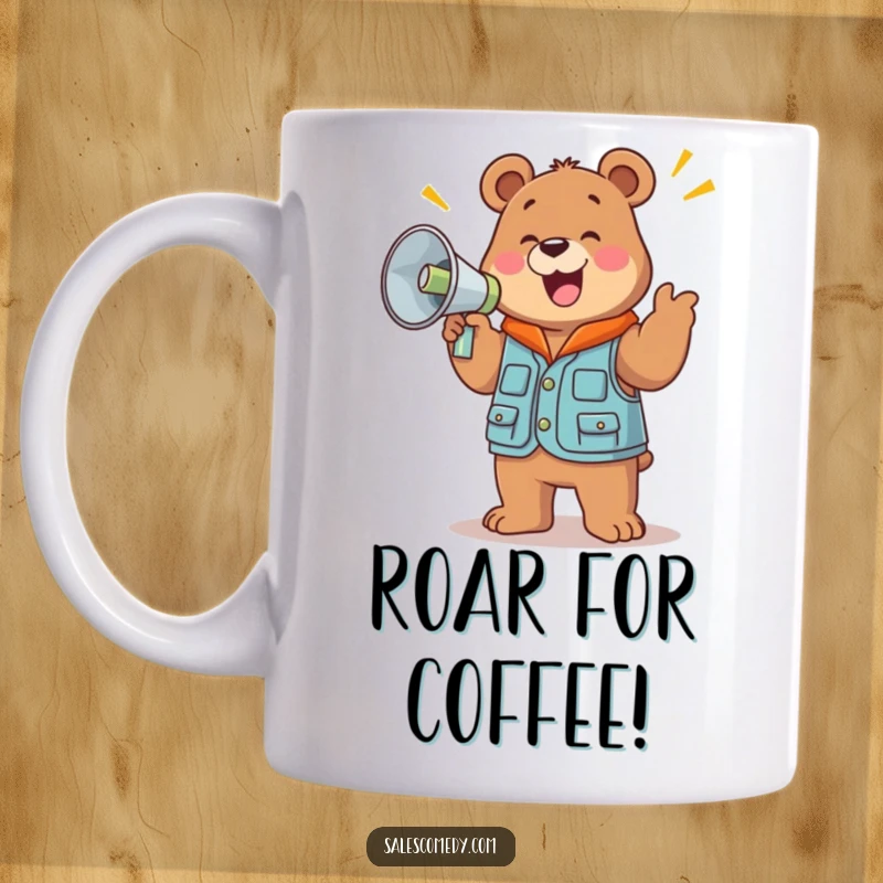 A jolly, funny bear in a sales vest holds a large megaphone and cheers loudly, radiating enthusiastic sales energy.