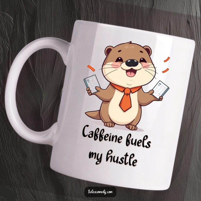 Funny mug showing a smiling otter in a necktie skillfully juggling several sales charts, embodying playful business acumen.