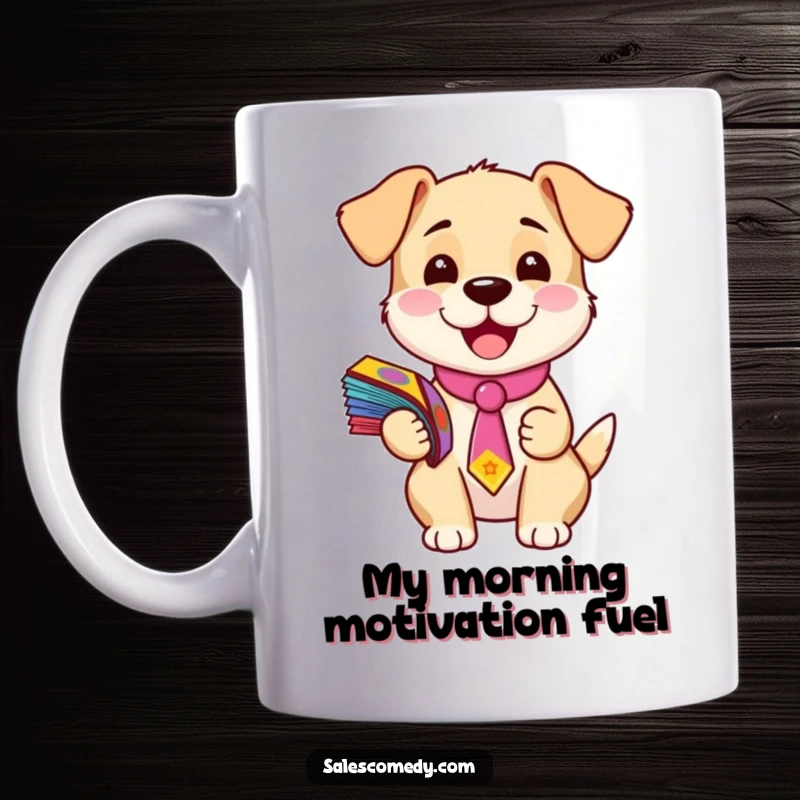 Funny mug featuring a happy puppy wearing a tiny tie, enthusiastically holding a stack of colorful flyers, ready for business.