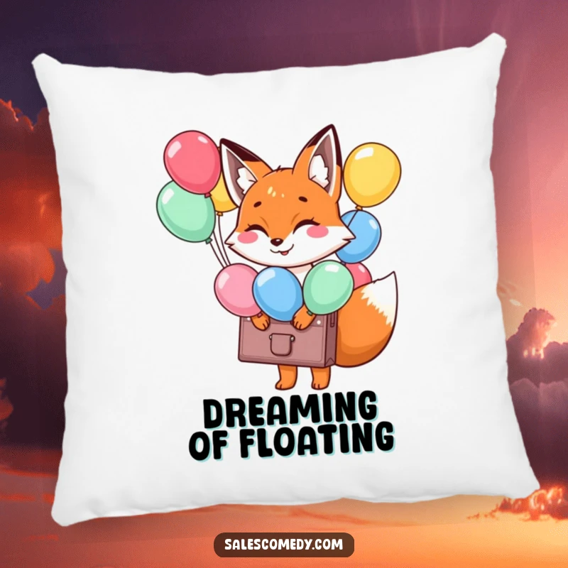 Funny Fox Balloon Briefcase Pillow: A smiling fox carries a briefcase of balloons, offering comfort and cheer, an excellent funny gift.