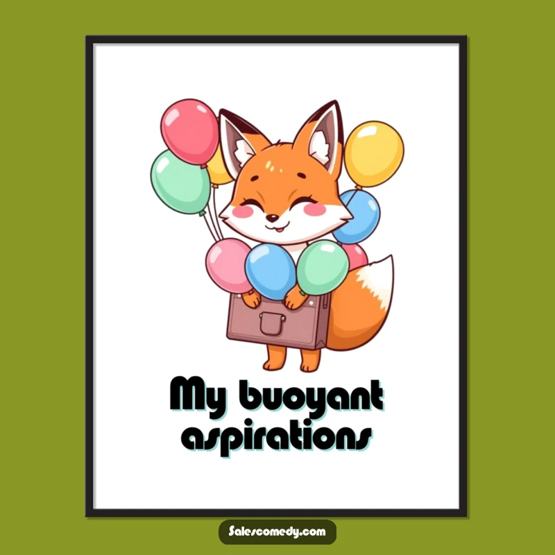 Funny Fox Balloon Briefcase Digital Art: Happy Fox Print, Instant Cheerful Funny Gift