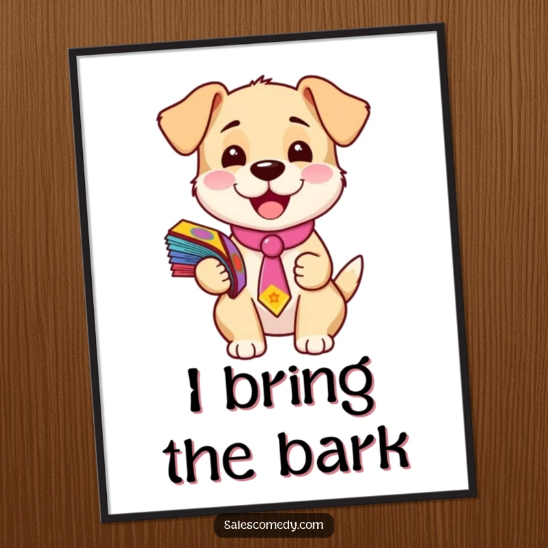 Funny digital art print of a happy puppy in a tie holding a stack of flyers, ready to bring humor and cheer to any space.