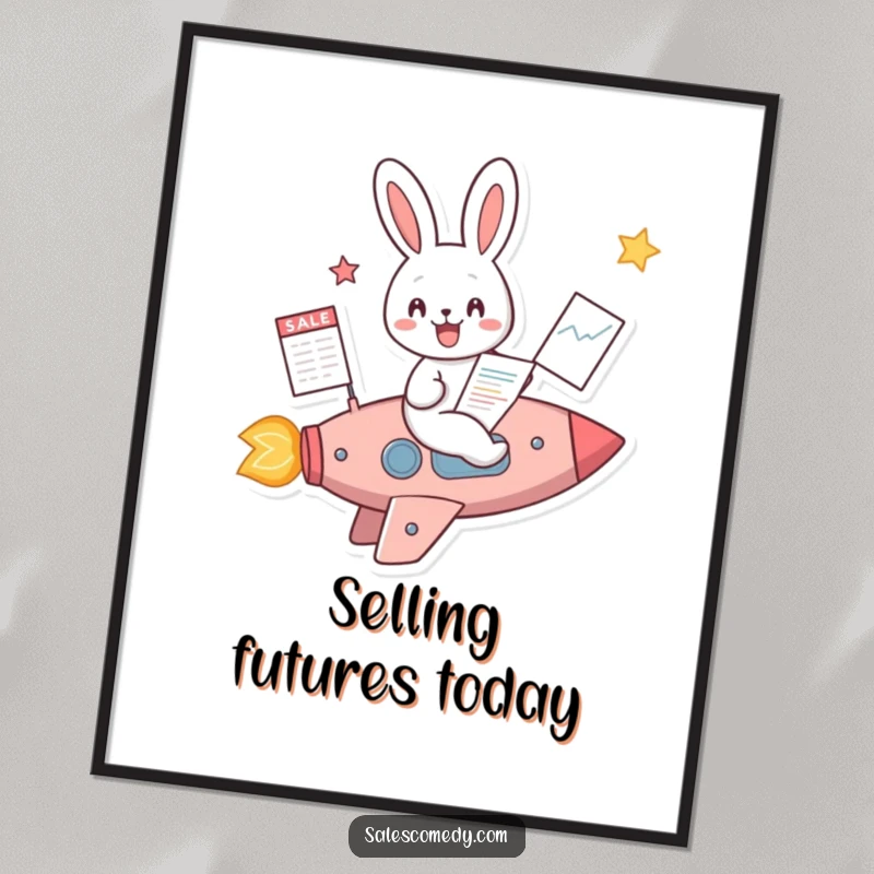 Funny Rabbit Rocket Sales Digital Art Print: A rabbit in a rocket with a sales chart, symbolizing business ascent, an instant funny gift.