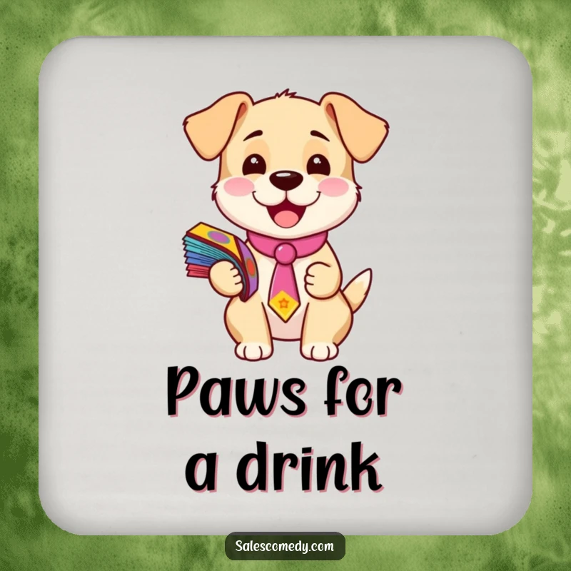 Funny drink coaster featuring a happy puppy wearing a small tie and holding colorful flyers, adding a humorous touch to table settings.