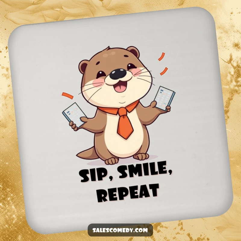 Funny drink coaster featuring a smiling otter in a necktie juggling sales charts, ideal for protecting surfaces with business humor.