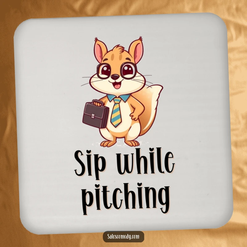 A funny, busy squirrel in a tie holds a briefcase and makes a sales pitch on this protective drink coaster.