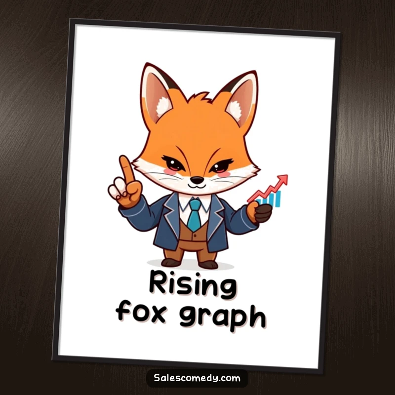 Funny illustration of a determined fox in a sharp suit pointing at a rising graph icon, symbolizing financial success.