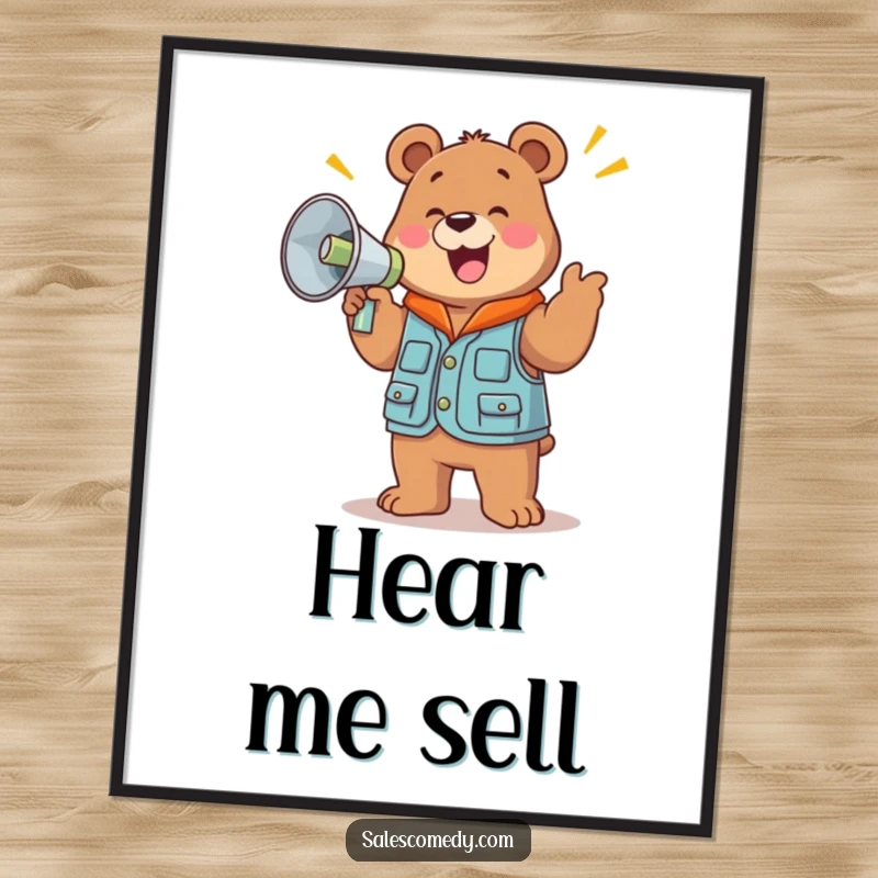 Funny illustration of a jolly bear in a sales vest holding a large megaphone and cheering loudly, full of energy.