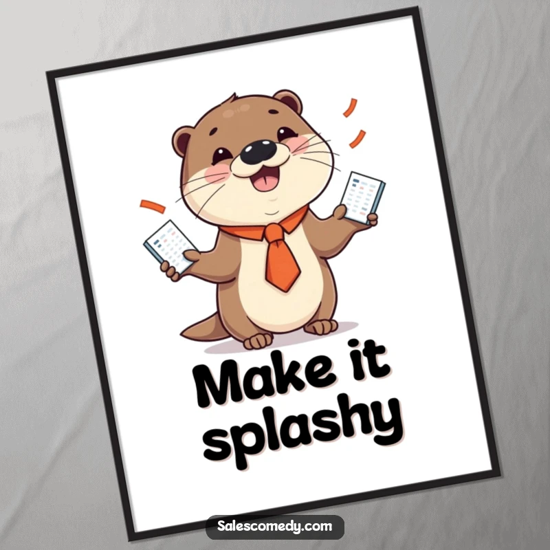 Funny poster illustrating a smiling otter in a necktie juggling sales charts, adding a whimsical and humorous touch to wall decor.