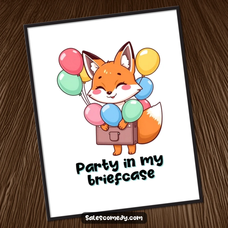 Funny Fox Balloon Briefcase Poster: A smiling fox with a briefcase bursting with balloons, bringing cheer to walls, a funny gift.