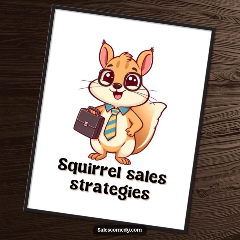 Funny illustration of a busy squirrel in a tie holding a briefcase and making an animated sales pitch.