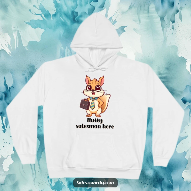 A busy, funny squirrel in a tie holds a briefcase and enthusiastically makes a sales pitch, embodying corporate life.