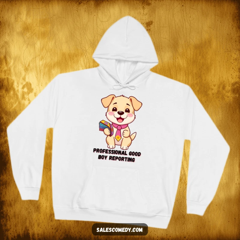 Funny hoodie depicting a happy, tie-wearing puppy holding a stack of colorful flyers, exuding playful professionalism and warmth.