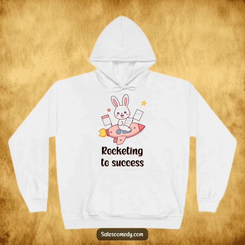 Funny Rabbit Rocket Sales Hoodie: A cheerful rabbit in a rocket with a sales chart, offering warmth and motivation, a funny gift.