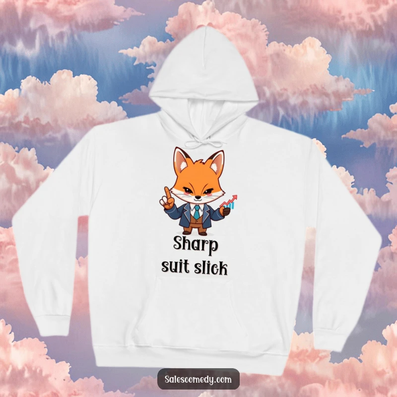 A determined, funny fox in a sharp suit points confidently at a rising graph icon, symbolizing growth and success.