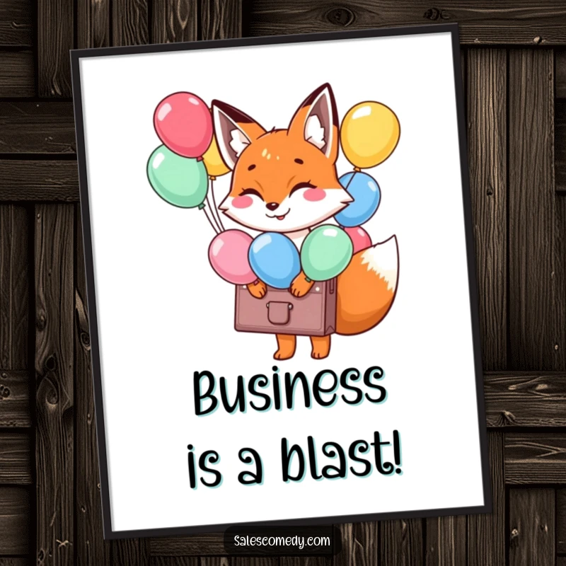 Funny Free Printable Fox Balloon Wall Art: Smiling fox carrying a briefcase filled with vibrant, floating balloons.