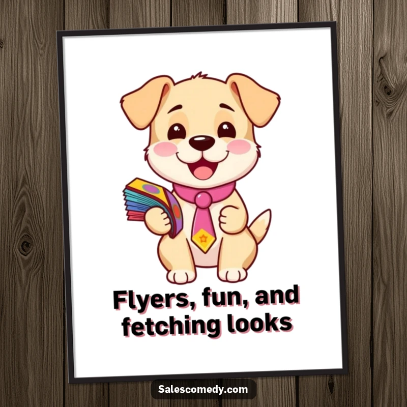 Funny Free Printable Wall Art: A happy puppy in a small tie poses with a stack of colorful flyers, radiating pure joy and enthusiasm.