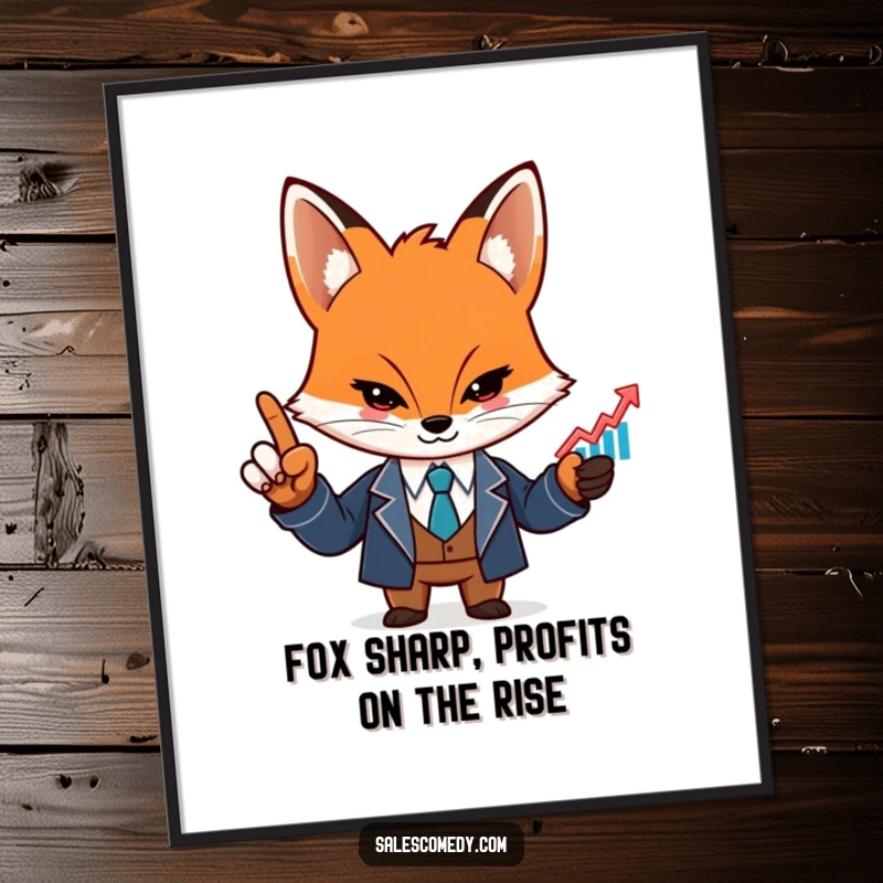 Funny free printable wall art of a determined fox in a sharp suit, pointing assertively at a rising graph icon.
