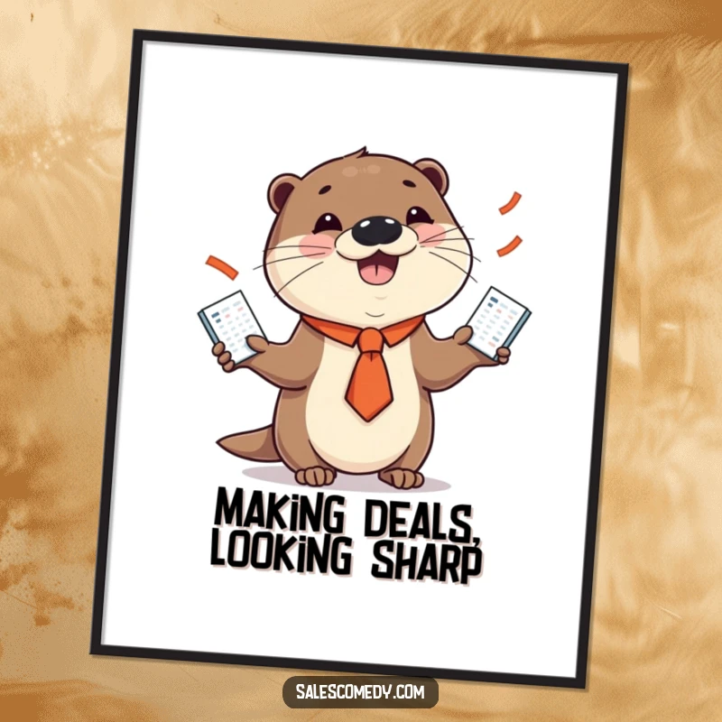 Funny Free Printable Wall Art: A playful otter in a tiny necktie masterfully juggles sales charts, adding a touch of whimsical business to your decor.