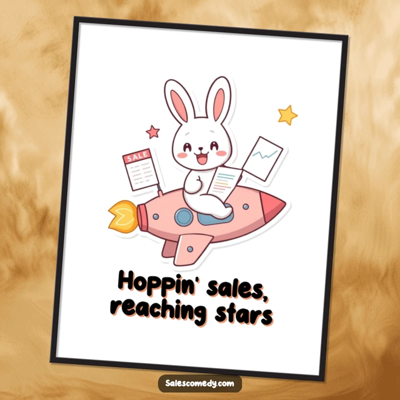 Funny Free Printable Rabbit Rocket Wall Art: Cheerful rabbit riding a rocket ship with a sales chart, symbolizing upward trends.