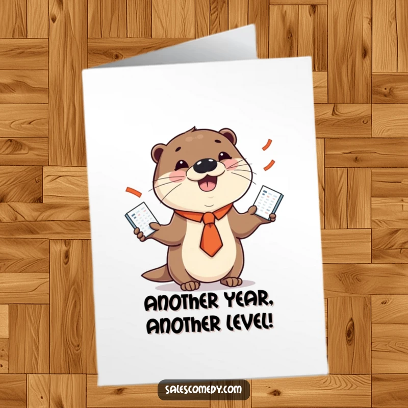Funny Free Printable Birthday Card: A smiling otter in a necktie expertly juggles sales charts, ready to celebrate your big day!