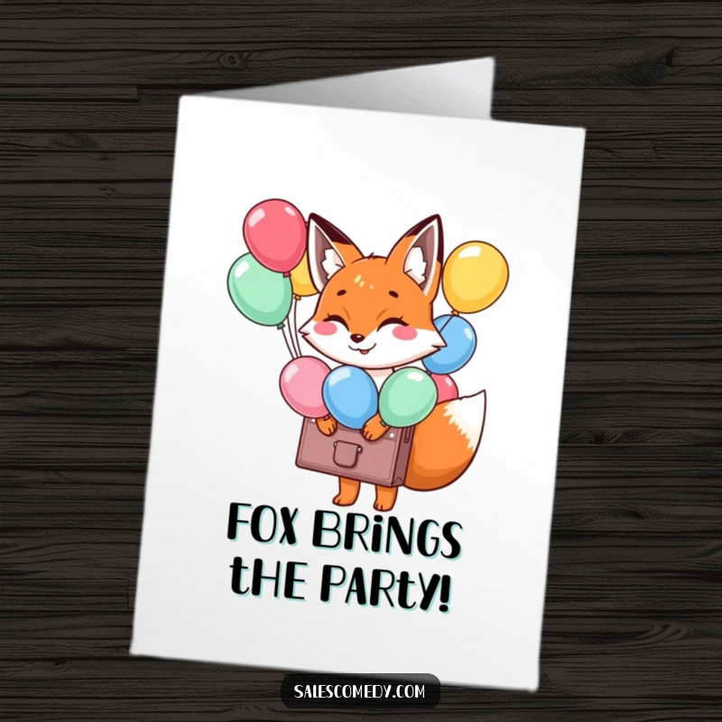 Funny Free Printable Fox Birthday Card: Smiling fox carries a briefcase overflowing with colorful party balloons.