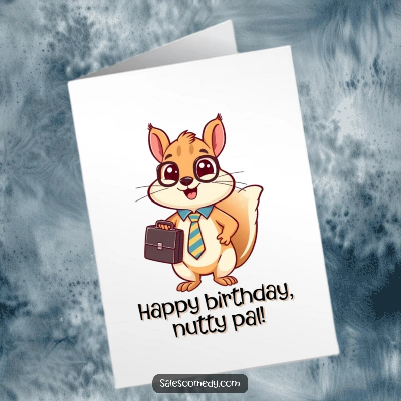 Funny free printable birthday card of a busy squirrel in a tie and vest, holding a briefcase and making a lively sales pitch.