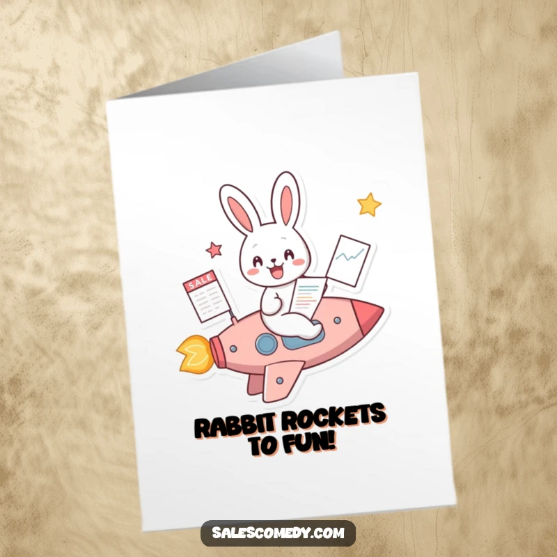 Funny Free Printable Rabbit Rocket Birthday Card: Cheerful rabbit rides a rocket ship with a sales chart, symbolizing growth.