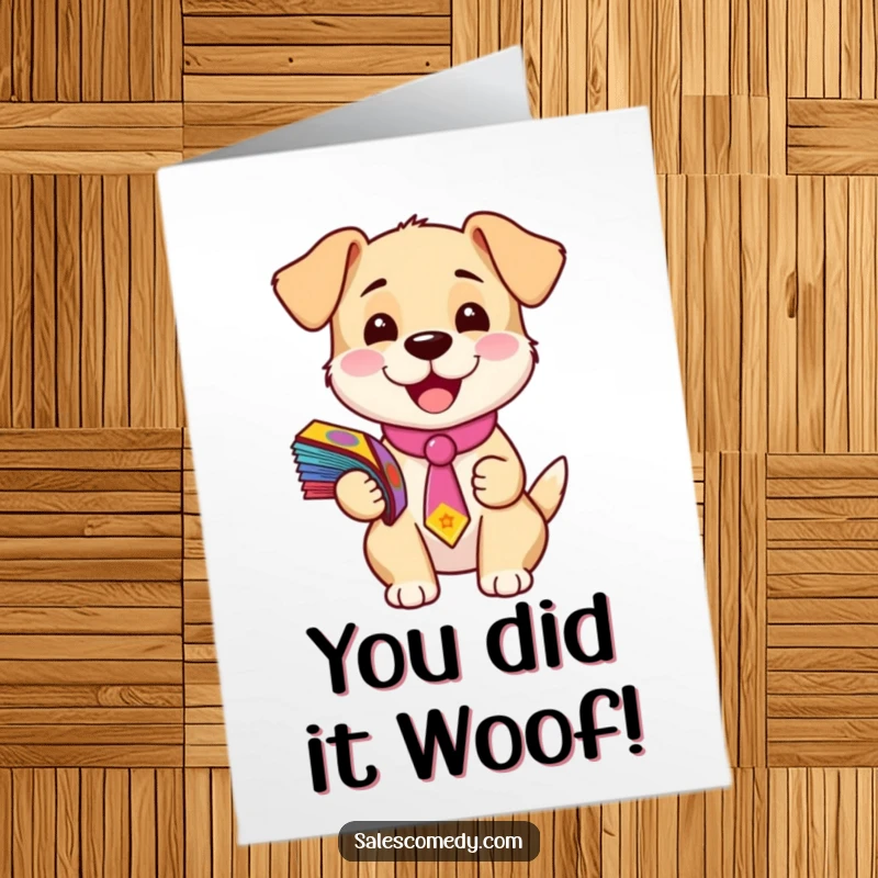 Free Printable Congratulations Card: A charming puppy in a small tie holds stacks of flyers, celebrating success with undeniable joy.