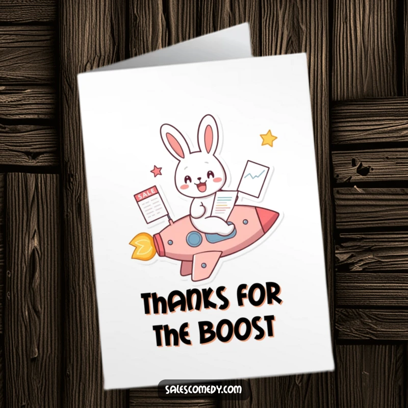 Funny Free Printable Rabbit Rocket Thank You Card: Cheerful rabbit on a rocket ship with a sales chart, showing thanks for support.