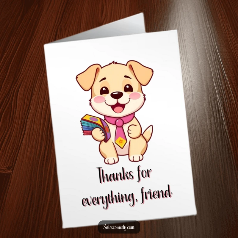 Free Printable Thank You Card: A puppy wearing a small tie holds colorful flyers, sending a message of heartfelt gratitude.