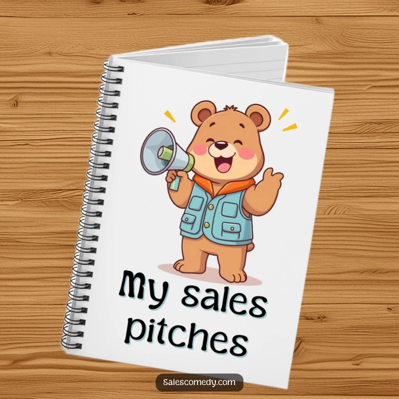 Cover of a funny notebook featuring a jolly bear in a sales vest holding a large megaphone and cheering.