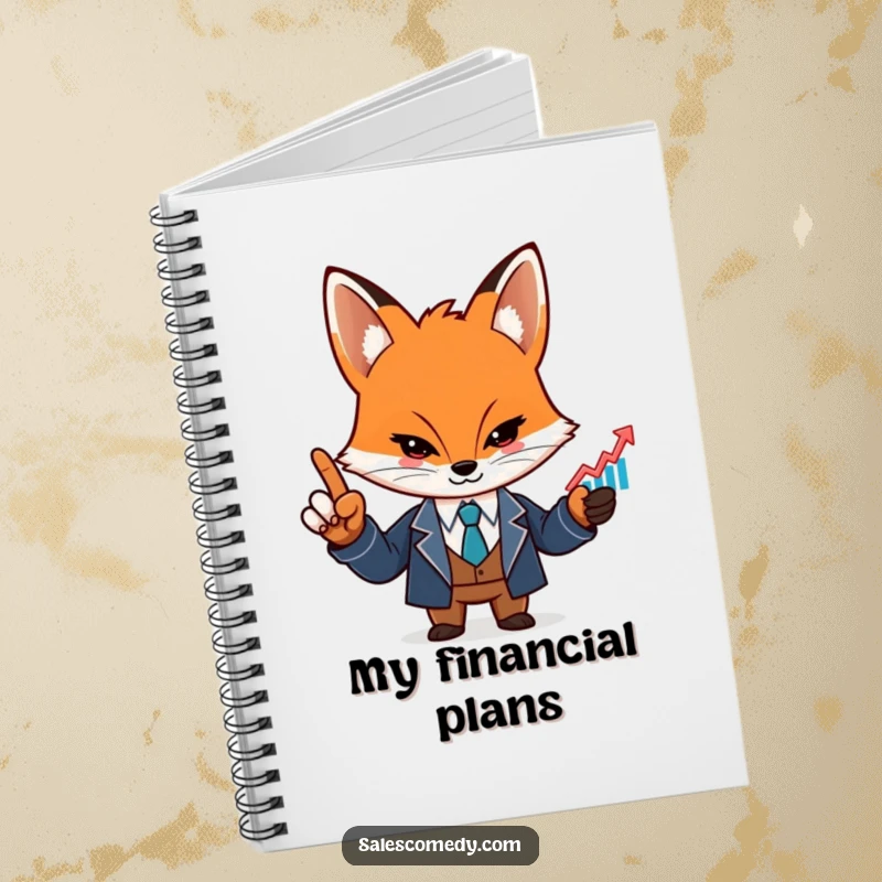Cover of a funny notebook featuring a determined fox in a sharp suit pointing at a rising graph icon.