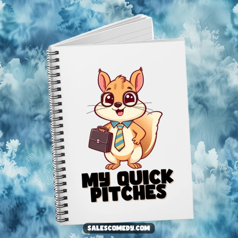 Cover of a funny notebook featuring a busy squirrel in a tie holding a briefcase and making a sales pitch.