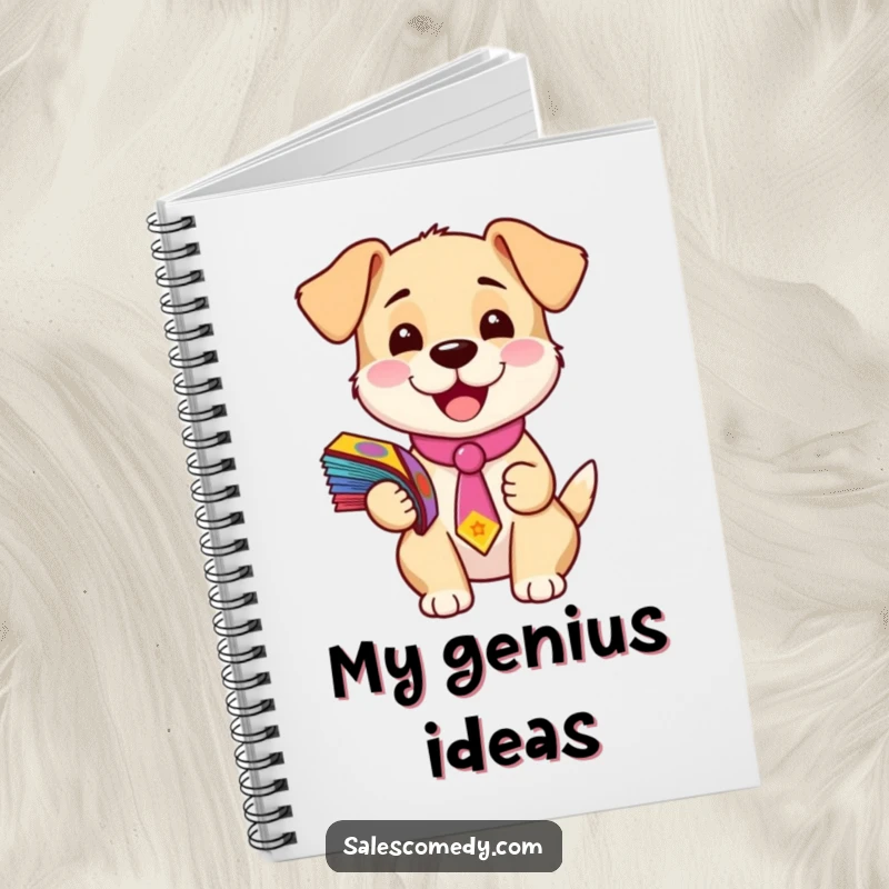 Funny notebook with a cover illustration of a happy puppy in a tie holding colorful flyers, designed for jotting down notes humorously.