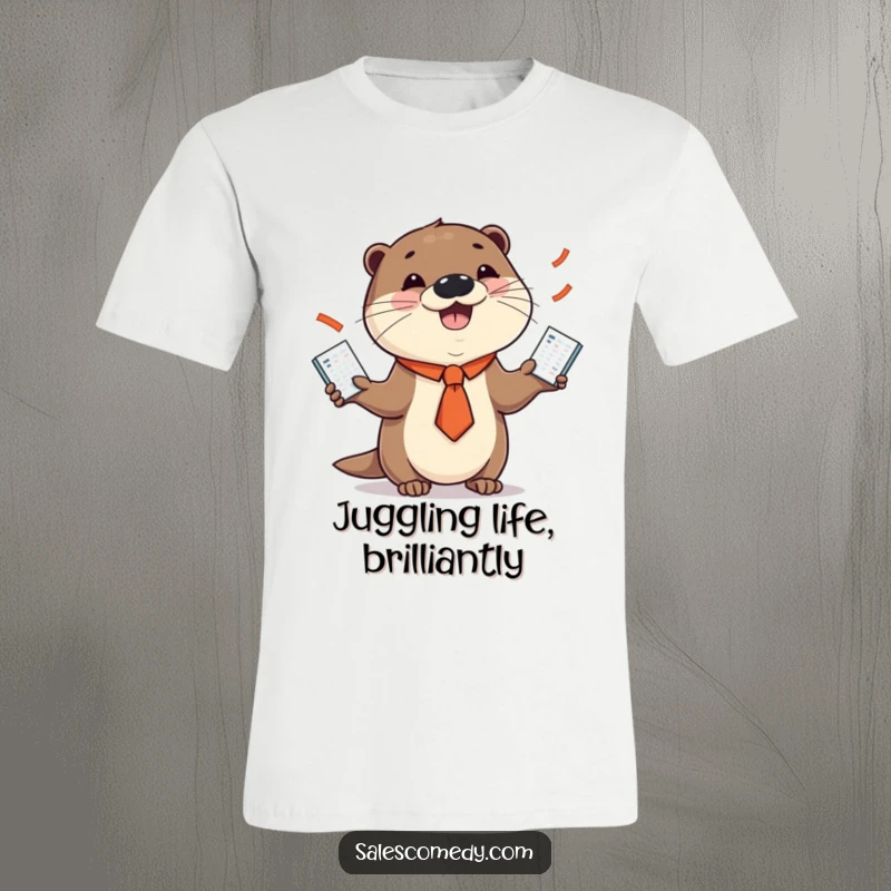 Funny t-shirt depicting a smiling otter in a necktie enthusiastically juggling sales charts, perfect for business professionals.