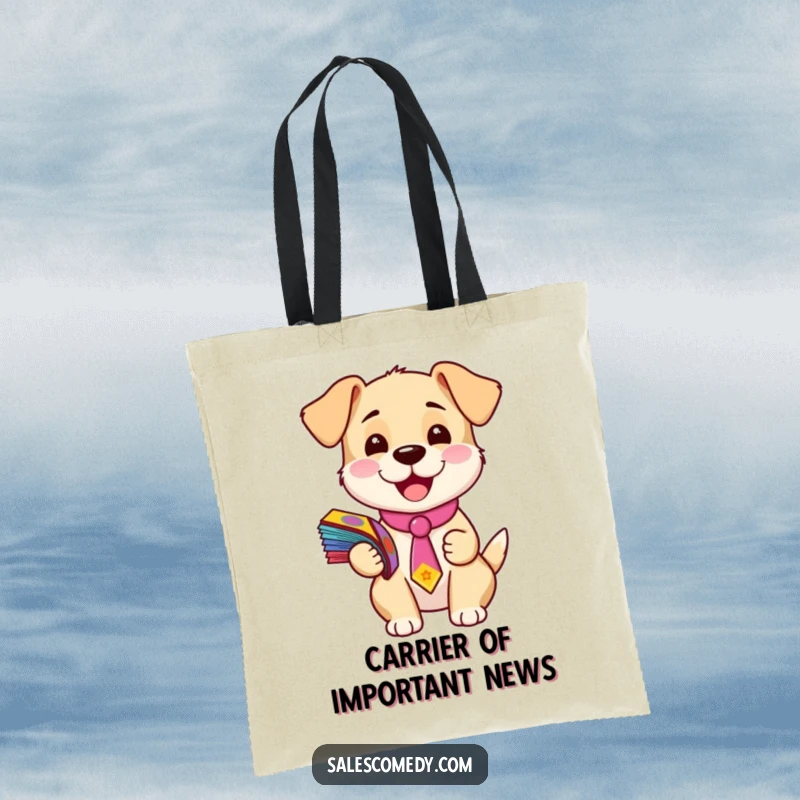 Funny tote bag with a charming puppy in a tie holding flyers, ideal for groceries or daily errands, blending utility with humor.