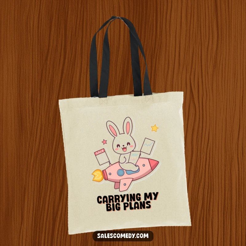 Funny Rabbit Rocket Sales Tote Bag: A rabbit in a rocket with a sales chart, ideal for carrying goals and essentials, a funny gift.