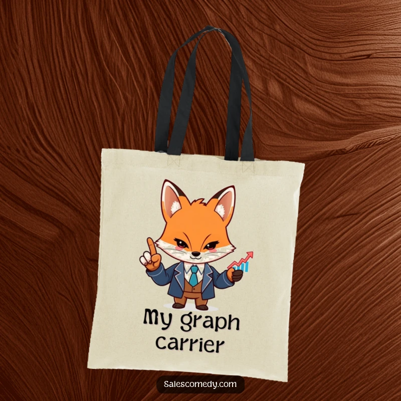 A funny, determined fox in a sharp suit points at a rising graph icon on this practical and humorous tote bag.
